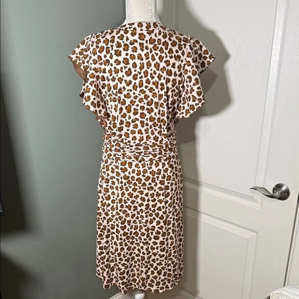 Tory Burch Leopard Print Flutter Sleeve Ruched Waist Dress Size S